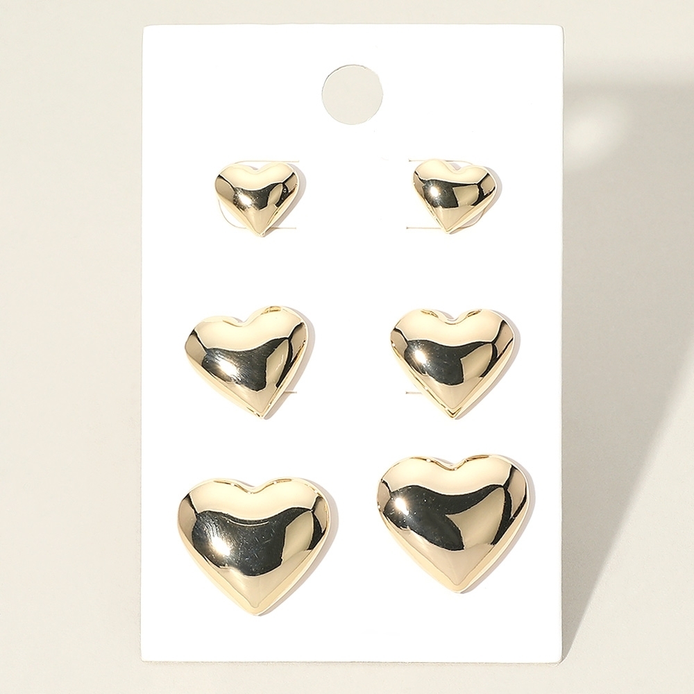 Gold Stud Earrings 3 Pair Set Simple Metal Jewelry Valentines Day